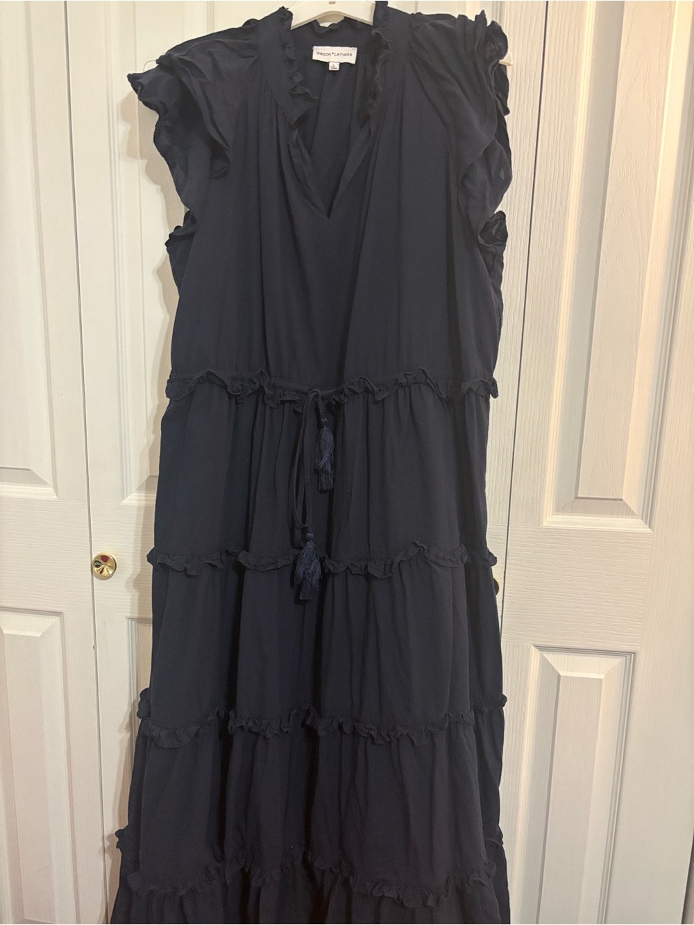 Gibson Latimer 100% Cotton- navy ruffle-tiered maxi dress